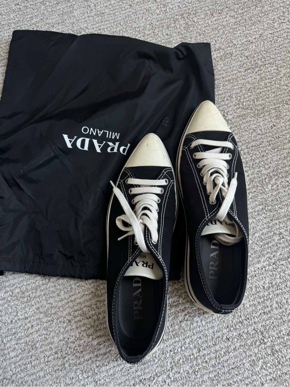 Prada Black and White Canvas Lace-Up Sneakers